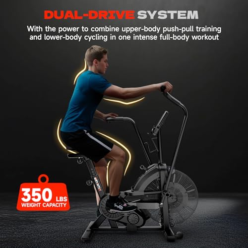 Air Bike, Exercise Bike with Magnetic & Air Resistance Fan Bike, Stationary Bike for Home Cardio Workout, Adjustable Indoor Cycling Bike with APP & Dual Action Handlebars, 350lb Capacity