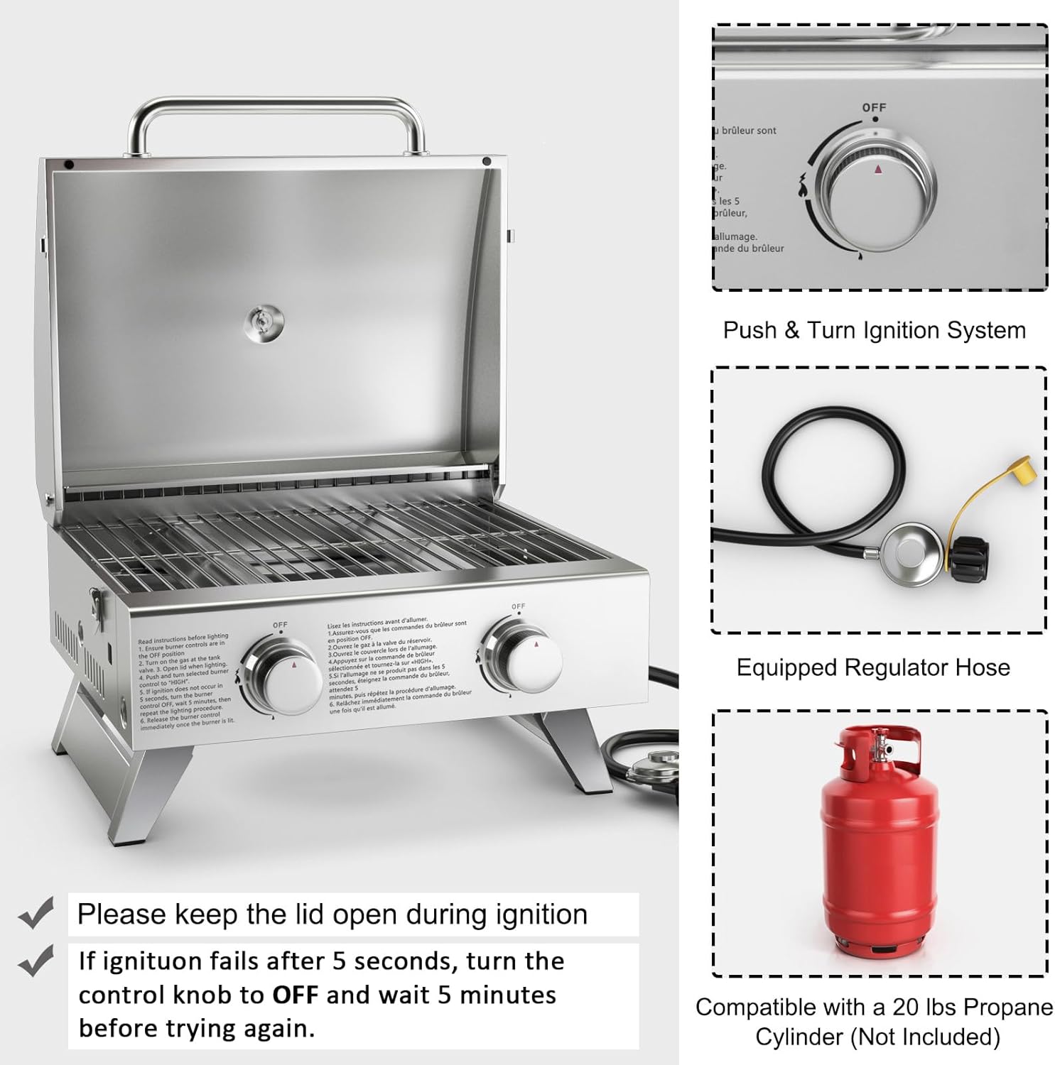 Giantex Portable Gas Grill - Tabletop Propane Grill with 2 Burners, 20,000 BTU total, Built-in Thermometer, Foldable Legs, Regulator Hose, Stainless Steel BBQ Grill for Outdoor Camping Barbecue