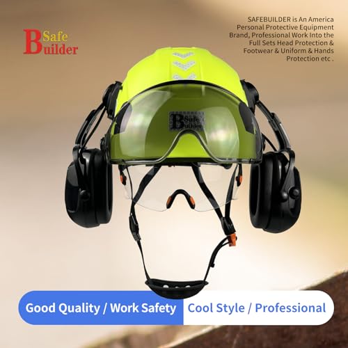 SAFEBUILDER Safety Helmet with Visor Bluetooth Ear Muffs SNR 26dB Hard Hat with Visors Mounted Ear muff Hardhats Vented ANSI Z89.1