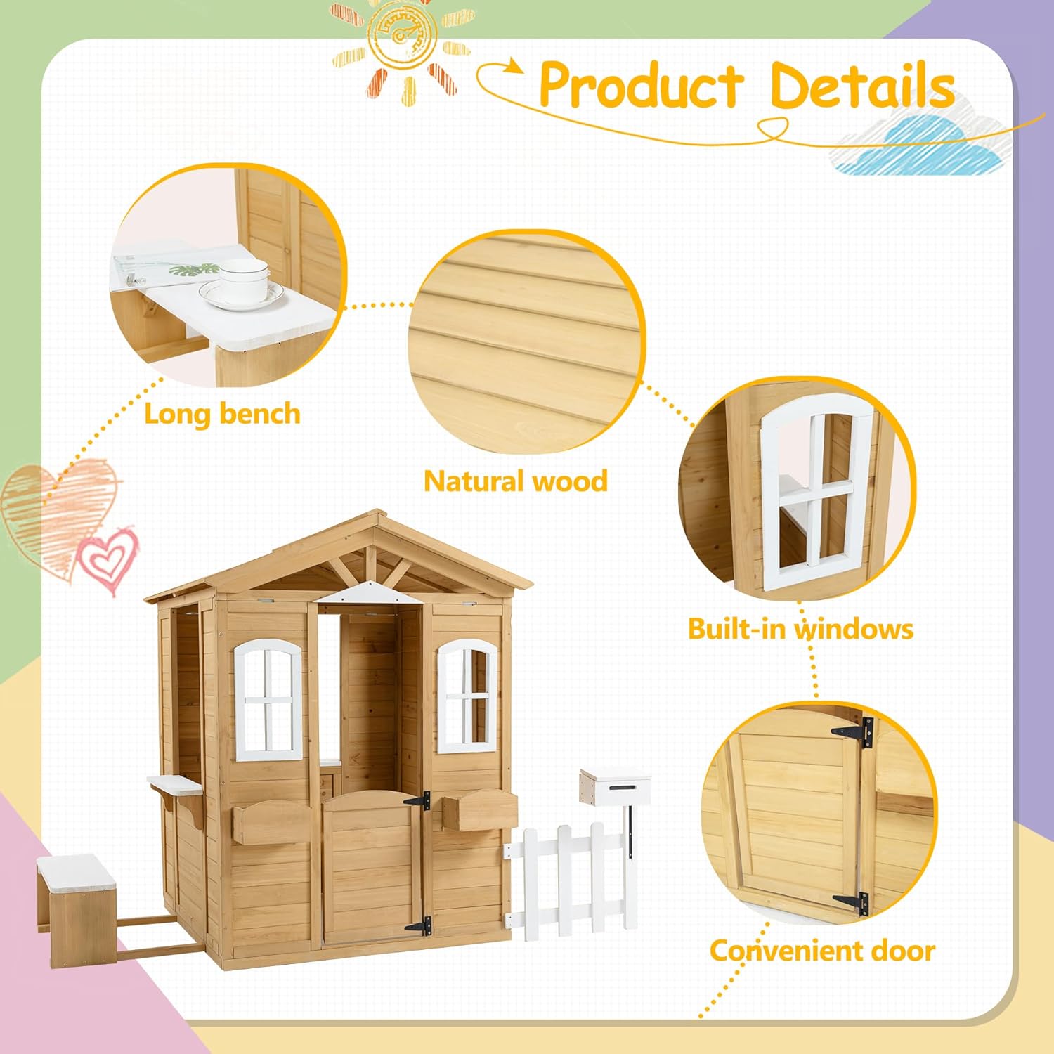 Wooden Playhouse for Kids, Outdoor Kids Playhouse with Working Door, Windows, Mailbox, Bench, Flowers Pot Holder, Playhouses for Kids Ages 4-8, 39" x 38" x 55.5"