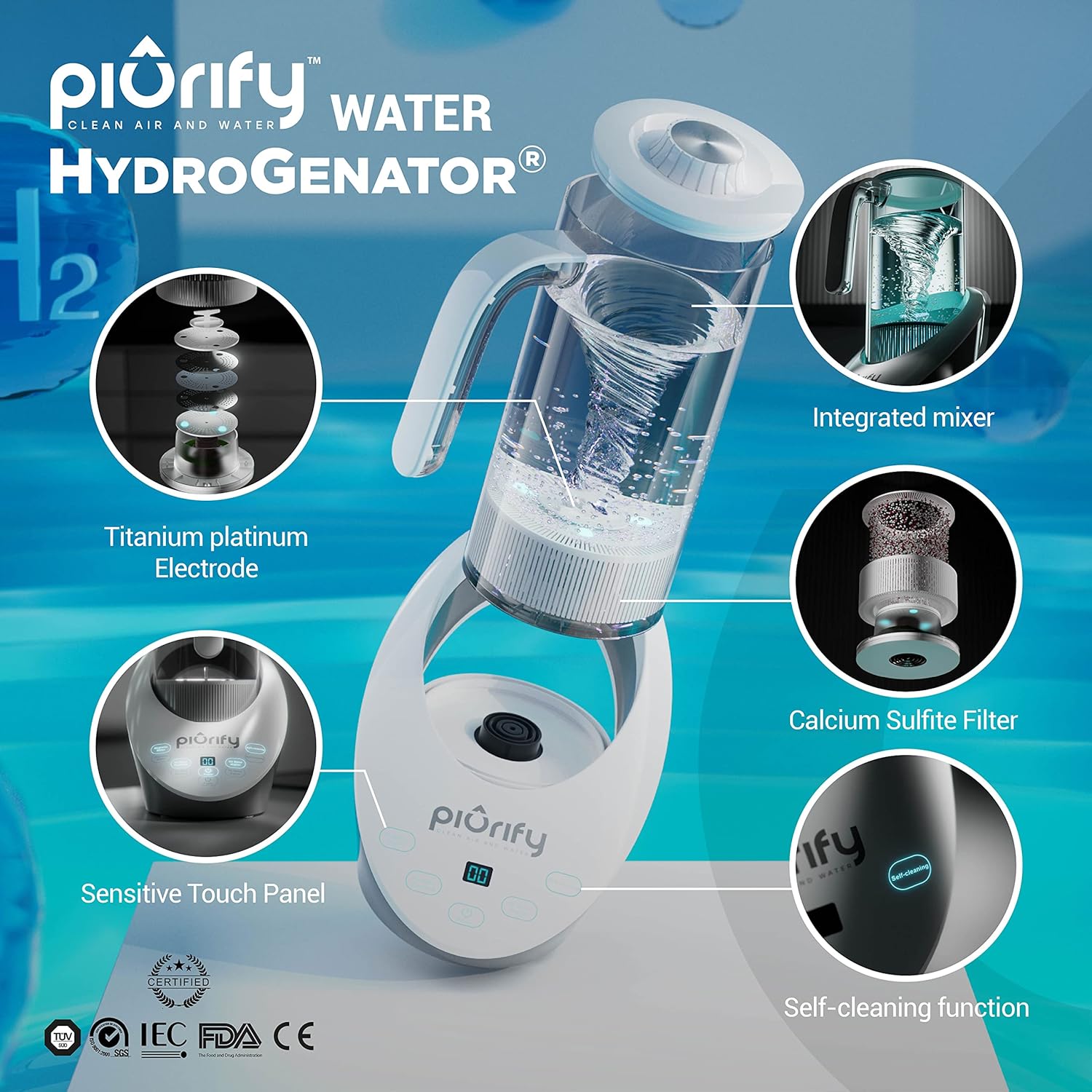 Hydrogen Alkaline Water Pitcher - Rich Hydrogen Water Generator Electrolysis Jug with SPE and PEM Concentrator Technology. Improved Purified Water PH Levels and Filtered with Calcium Sulfite.