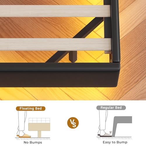 Queen Floating Bed Frame with RGB LED Lights Headboard, USB-C/A Power Combo, Linen Upholstered Platform Bed with Storage Headboard, Innovative Stable Structure, Dark Gray