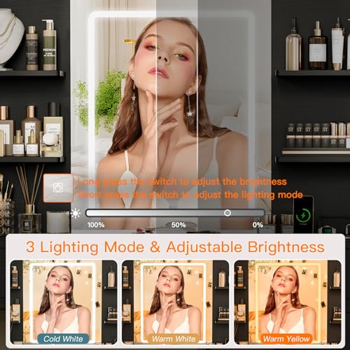 Quimoo 65.9" Vanity Desk with LED Lighted Mirror & Power Outlet, Modern Corner Makeup Vanity Table with 8 Drawers & Open Shelves, Dressing Table for Bedroom, Makeup Room