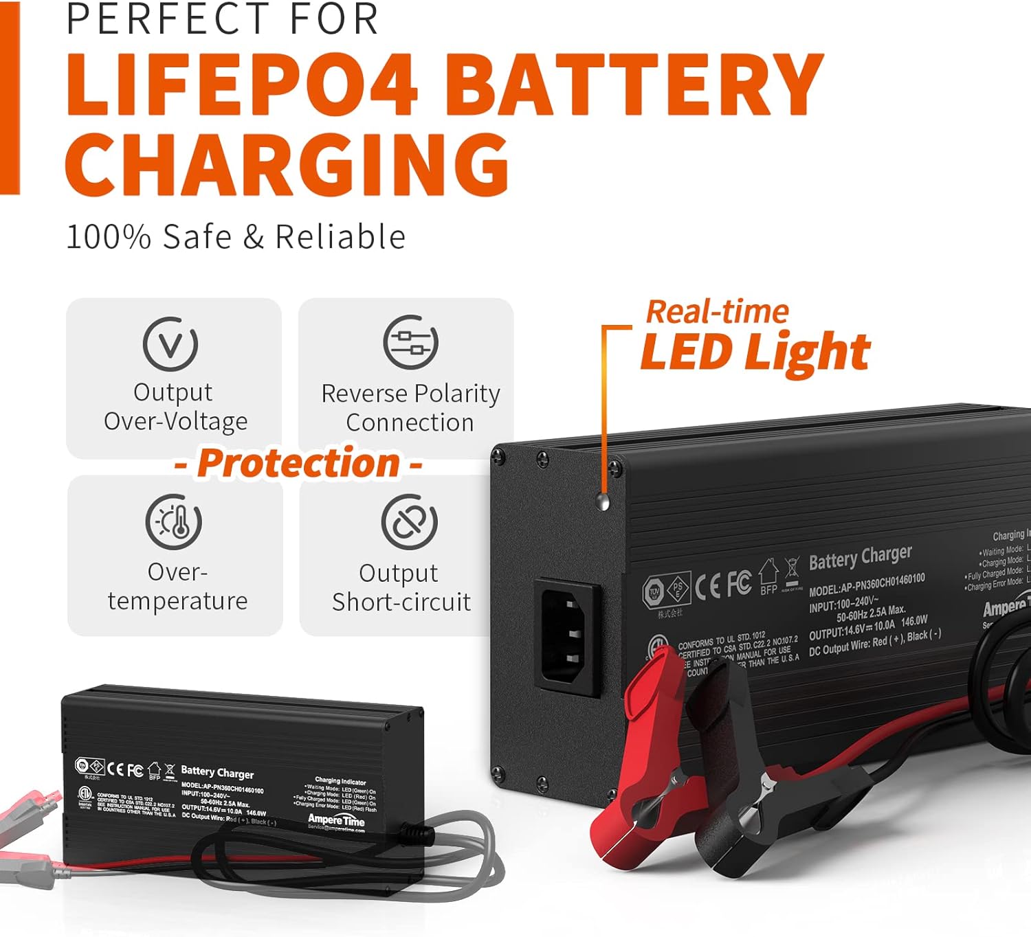 Ampere Time 12V 200Ah LiFePO4 Battery with 14.6V 20A Dedicated Lithium Battery Charger; Built-in 200A BMS, 4000+ Cycles, Perfect for RV, Solar, Marine, Overland, Off-Grid Application��