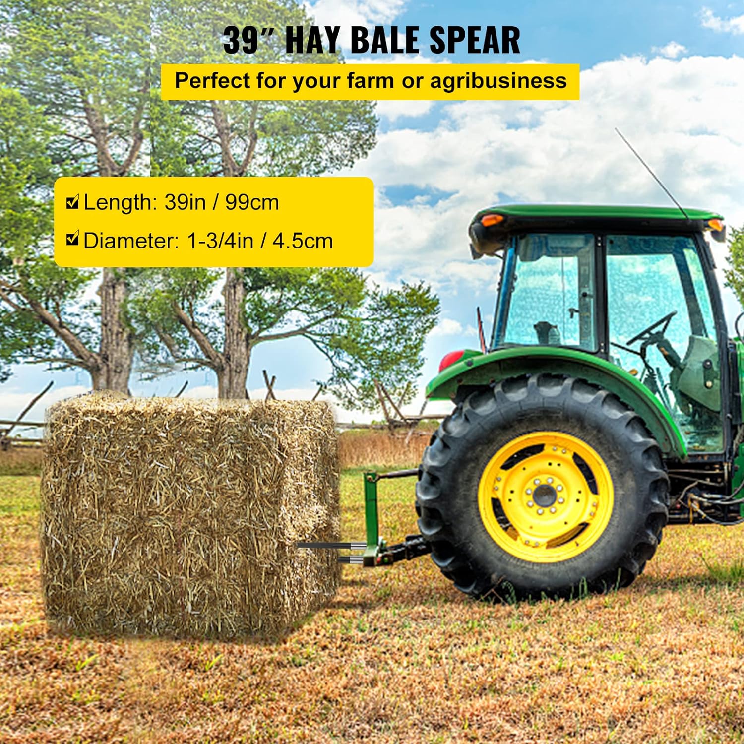 VEVOR Hay Bale Spear 39 inches 3600 lbs Capacity 1 3/4 inches Wide with Nut and Sleeve