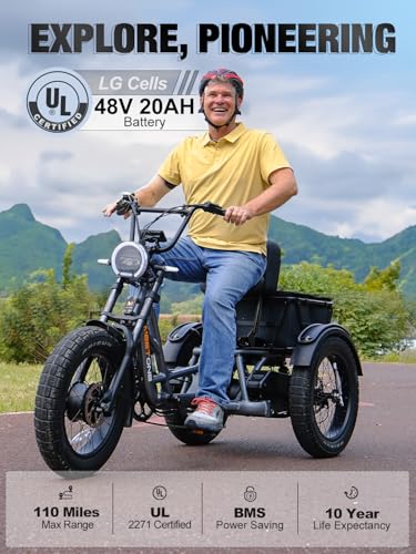 Folding Electric Tricycle for Adults, 1200W Electric Trike, 22MPH 100Miles 3 Wheel Electric Bike, Reverse Gear, Rear Differential, 450lbs Load, F&R Baskets, 4'' Wide Fat Tire, UL Certified