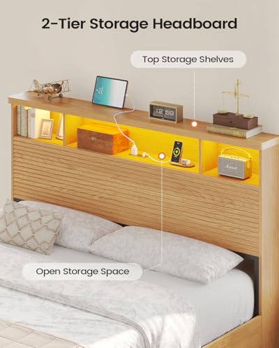 VIAGDO Wood Bed Frame Full Size with 4 Storage Drawers and Charging Station, Fluted Led Full Bed Frame with 2 Tier Storage Headboard, No Box Spring Needed,Wood