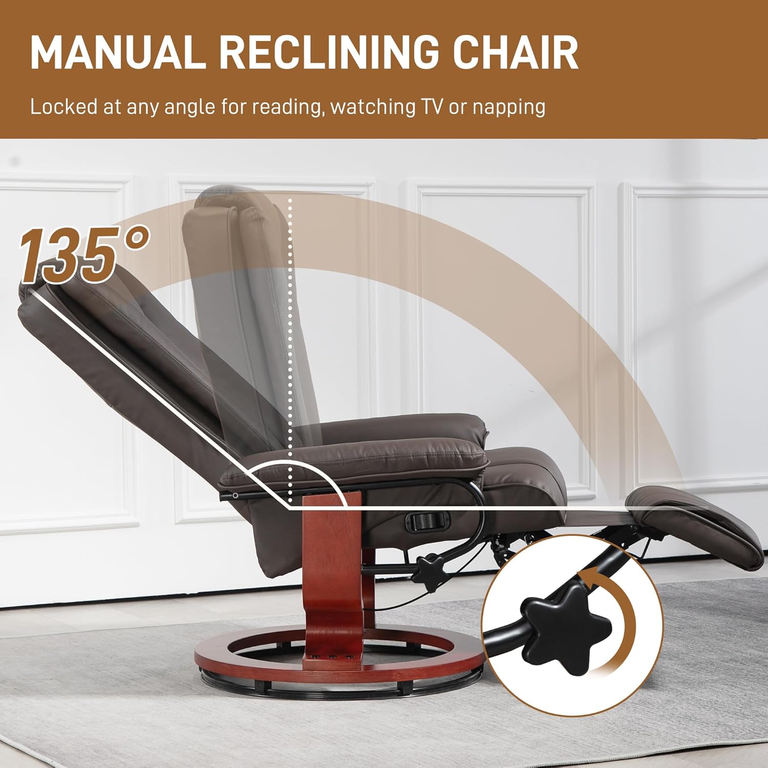 HOMCOM Manual Swivel Recliner Chair, PU Leather Reclining Chair with Footrest for Living Room, Brown