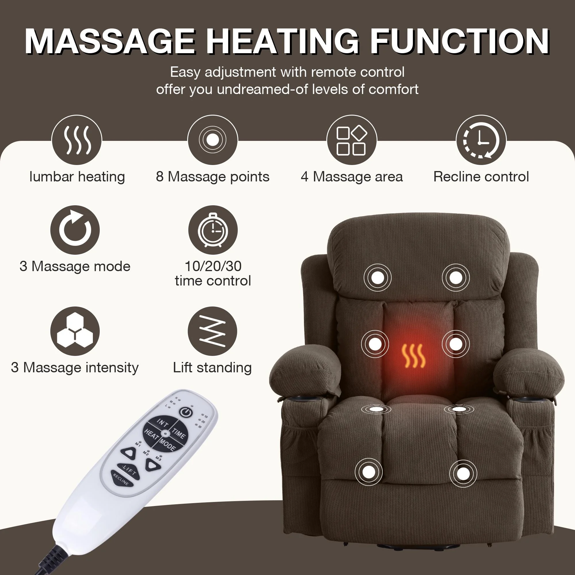 Power Lift Recliner Chair, BTMWAY PU Leather Electric Recliner Chair for Elderly with Massage | Heating | Remote Control | USB Port, Power Lift Recliner for Home Use, 22in Seating Wide, Brown