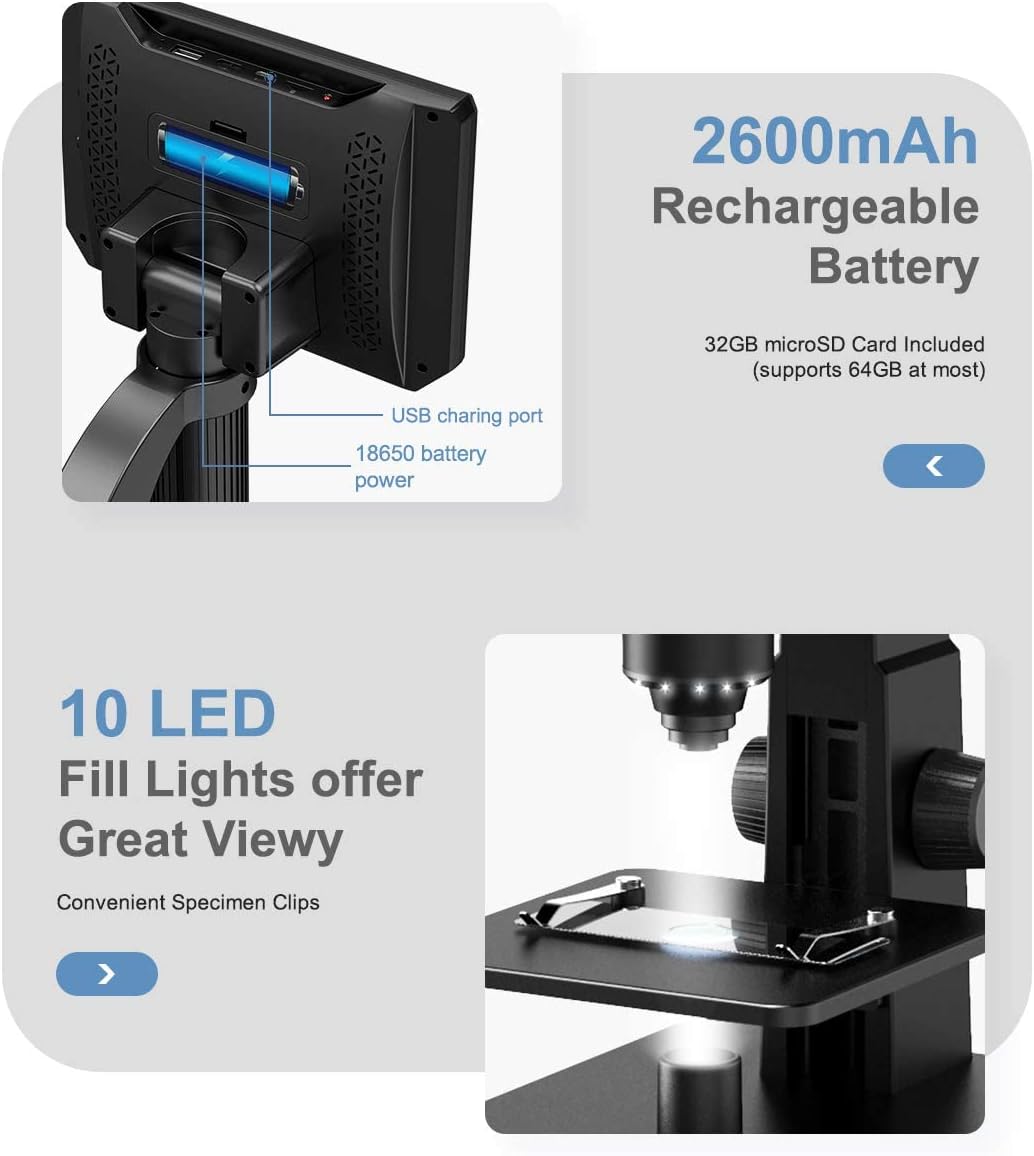 TOMLOV DM11 LCD Digital Microscope with 2000X Dual Lens(Digital & Microbial Lens), 7'' IPS Display∣10 LEDs∣12MP Resolution∣Windows/Mac OS Compatible, SD Card Included