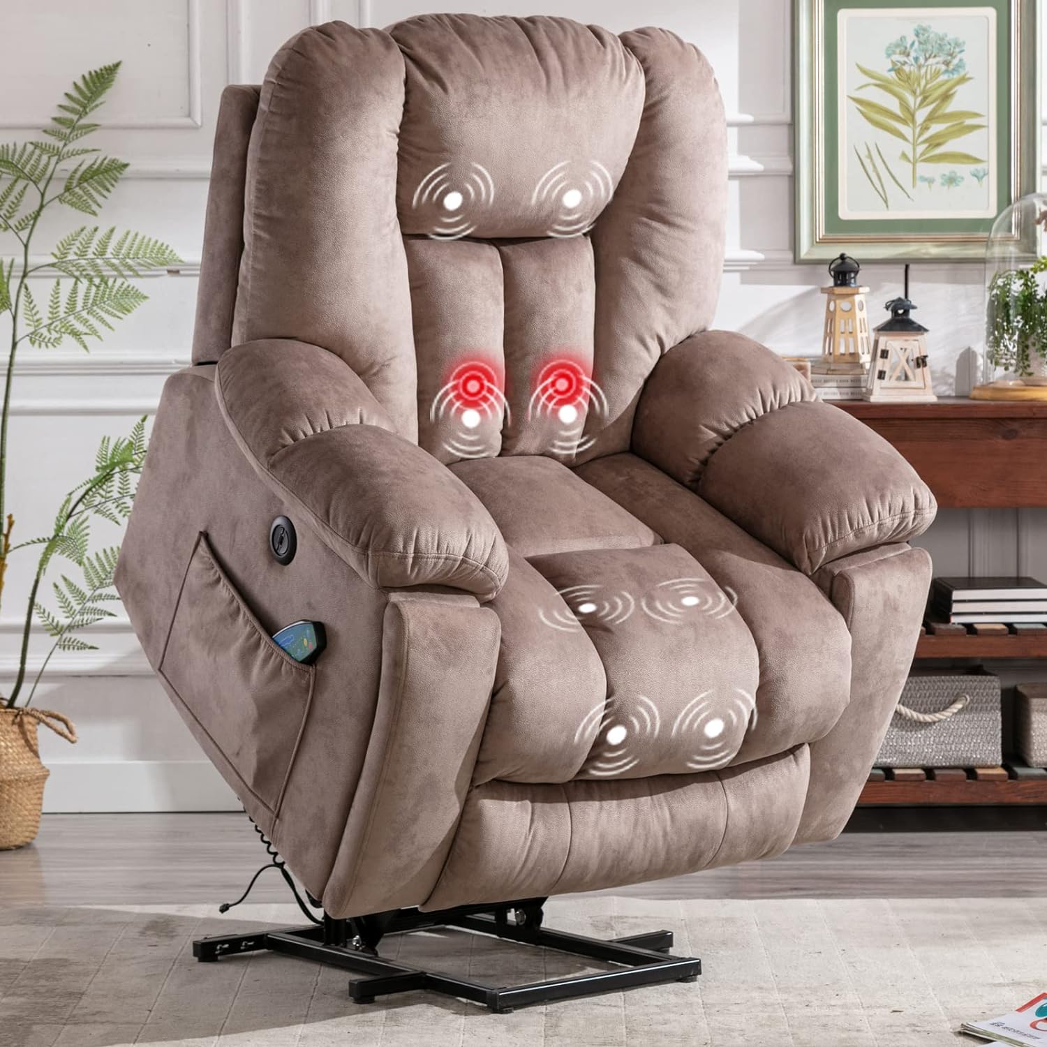 CANMOV Large Power Lift Recliner Chair with Massage and Heat for Elderly, Overstuffed Wide Recliners, Heavy Duty and Safety Motion Reclining Mechanism with USB Ports, 2 Concealed Cup Holders, Gray