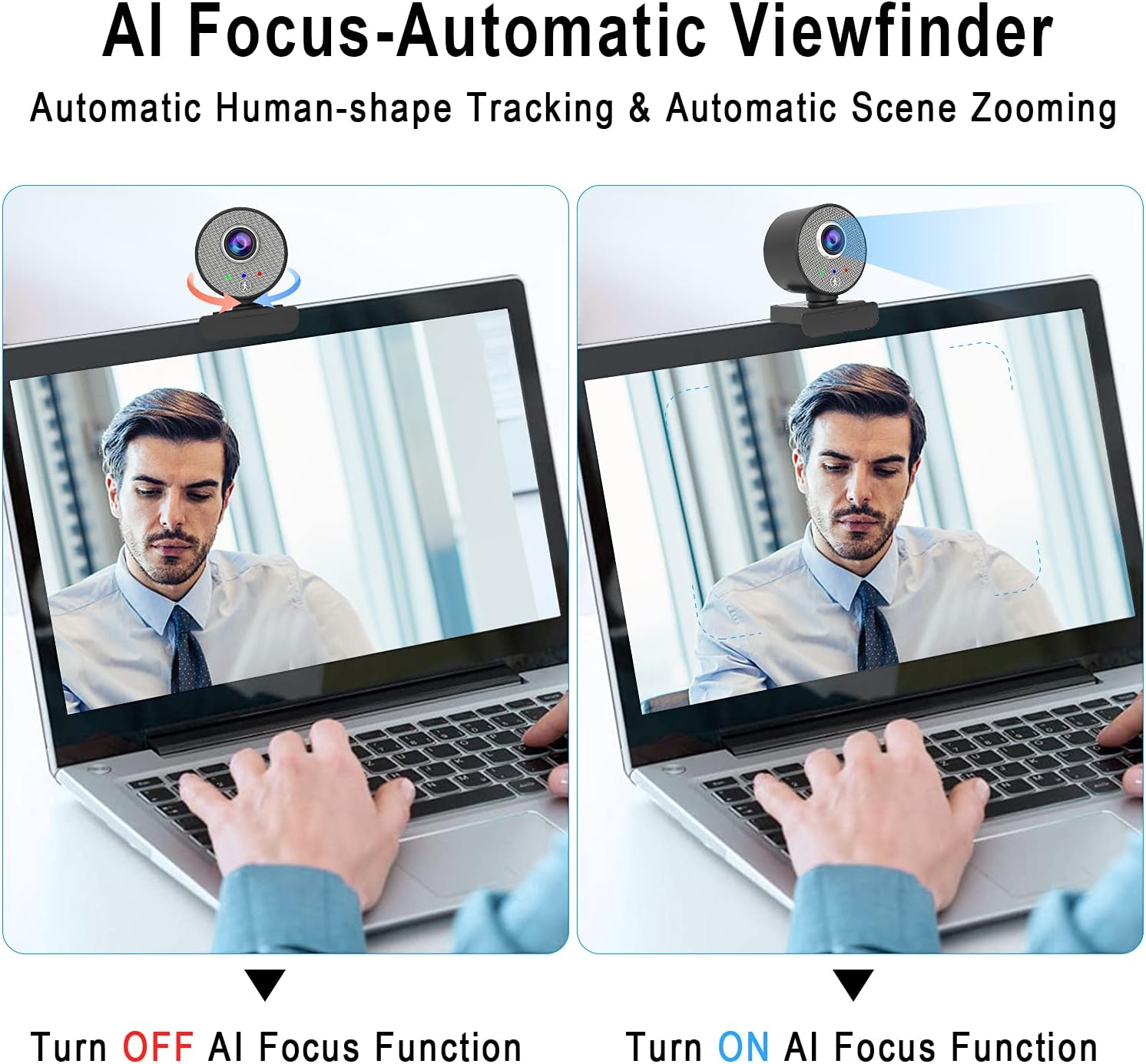HD Webcam USB 1080P Camera - AI Human-Shape Tracking HD Computer Camera, Adjustable View Laptop Desktop Full HD Camera Video Webcam for Zoom/Skype/Teams/OBS, PC Mac
