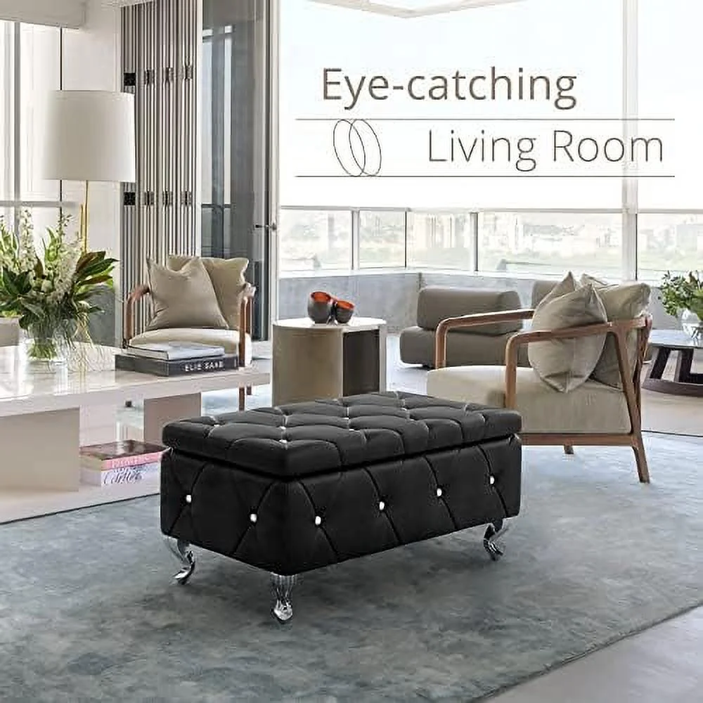 HOOMHIBIU Ottoman Bench  38'' Upholstered White Faux Leather Ottoman with Crystal Tufted Button  Flip Top Foot   End of Bed Bench Seat for Bedroom  Living Room  Vanity  350LBS