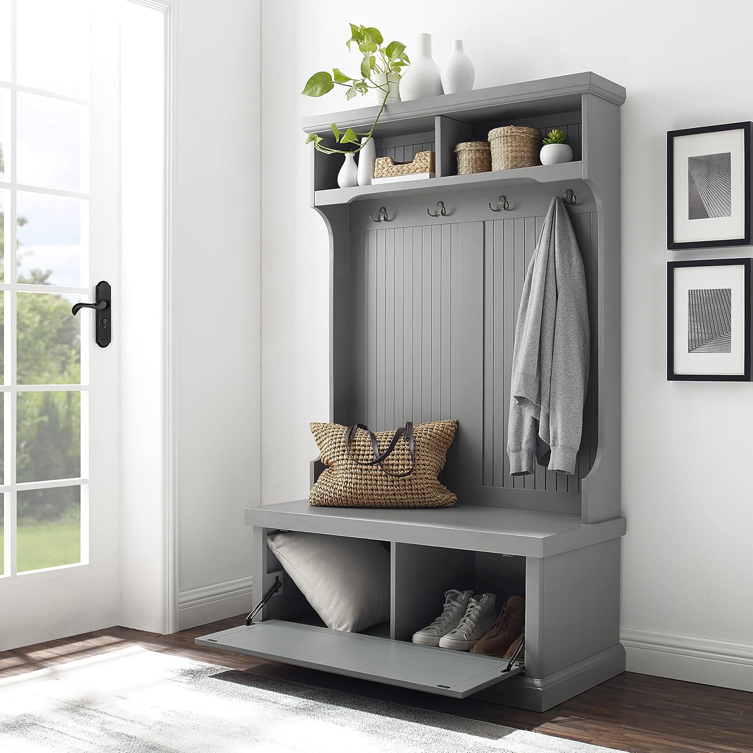 Crosley Furniture Seaside Hall Tree, Entryway Bench with Coat Rack and Shoe Cabinet, Distressed Gray