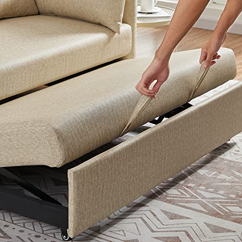 Aoowow Convertible Sleeper Sofa Bed 57 Inches, Velvet 2 Seats Sofa with Pull Out Bed,Loveseat Sofa Couch with Adjustable Backrest, 2 Pillows Side Pocket for Living Room Small Apartment (Light Brown)