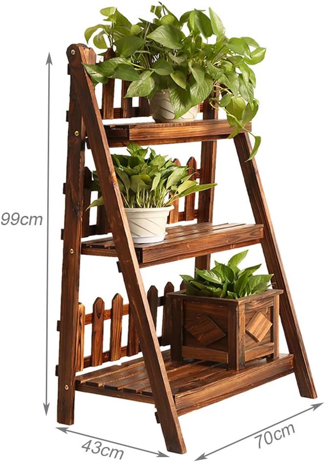 Multi-Layer Flower Shelf Plant Display Stand Ladder Potted Rack Wooden Carbonized Foldable Storage Shelves Free Standing for Indoor Outdoor Garden Decoration