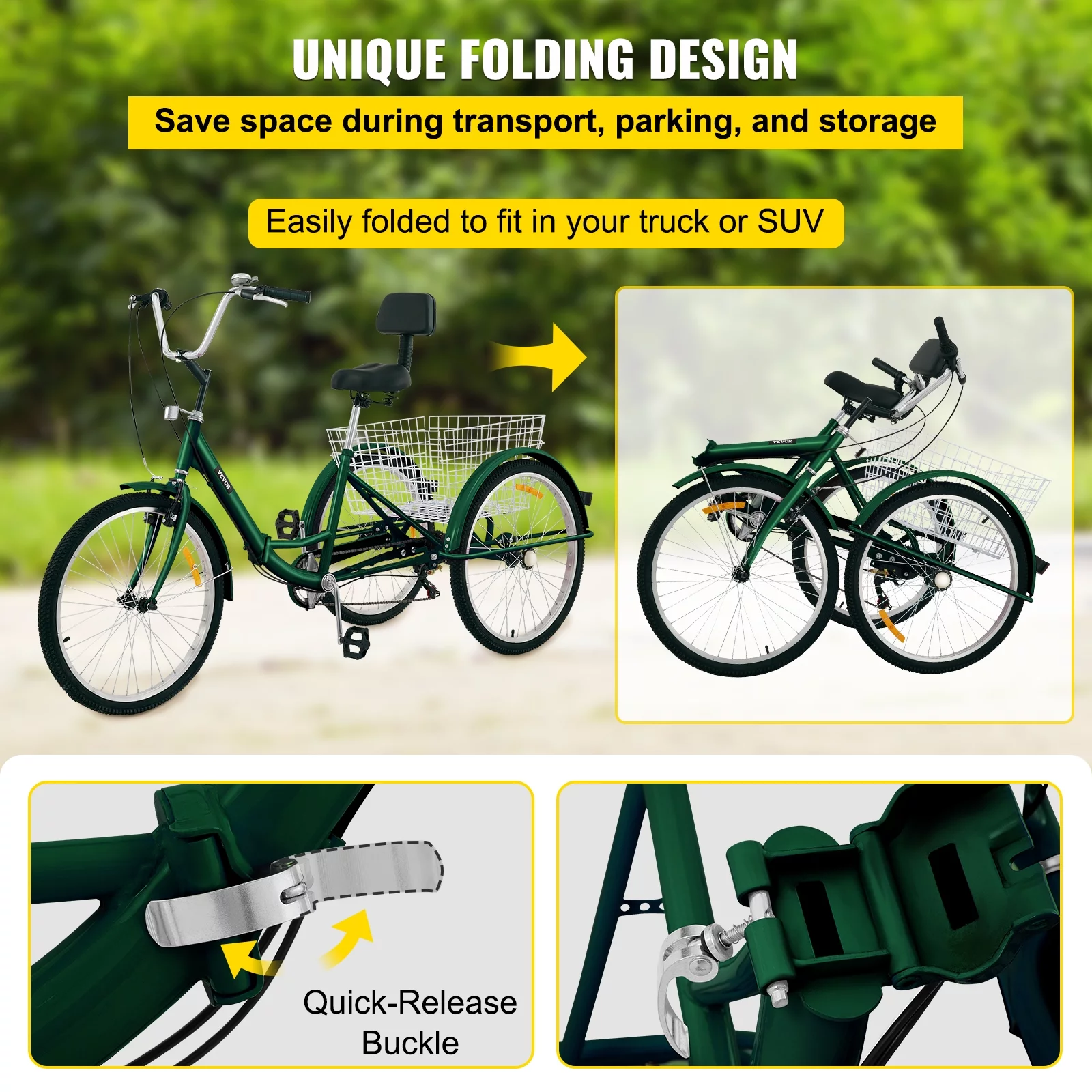 VEVOR Foldable Adult Tricycle 24" Wheels,7-Speed 3 Wheels Trike for Exercise Shopping Picnic Outdoor Activities, Green