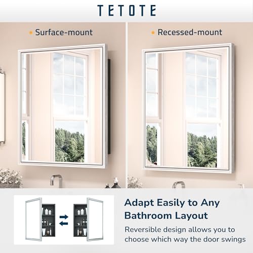 TETOTE 40x30 Inch Medicine Cabinet Silver Framed Bathroom with Mirror Aluminum Framed Surface or Recessed Wall-Mounted Medicine Cabinets Beveled Mirror with Storage 2 Door Modern Farmhouse