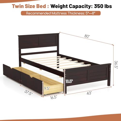 GOFLAME Twin Size Bed Frame with 2 Drawers, Platform Bed with Solid Wood Headboard & Footboard, Wood Slats Support Mattress Foundation, Under Bed Storage, No Box Spring Needed, Easy Assembly, White