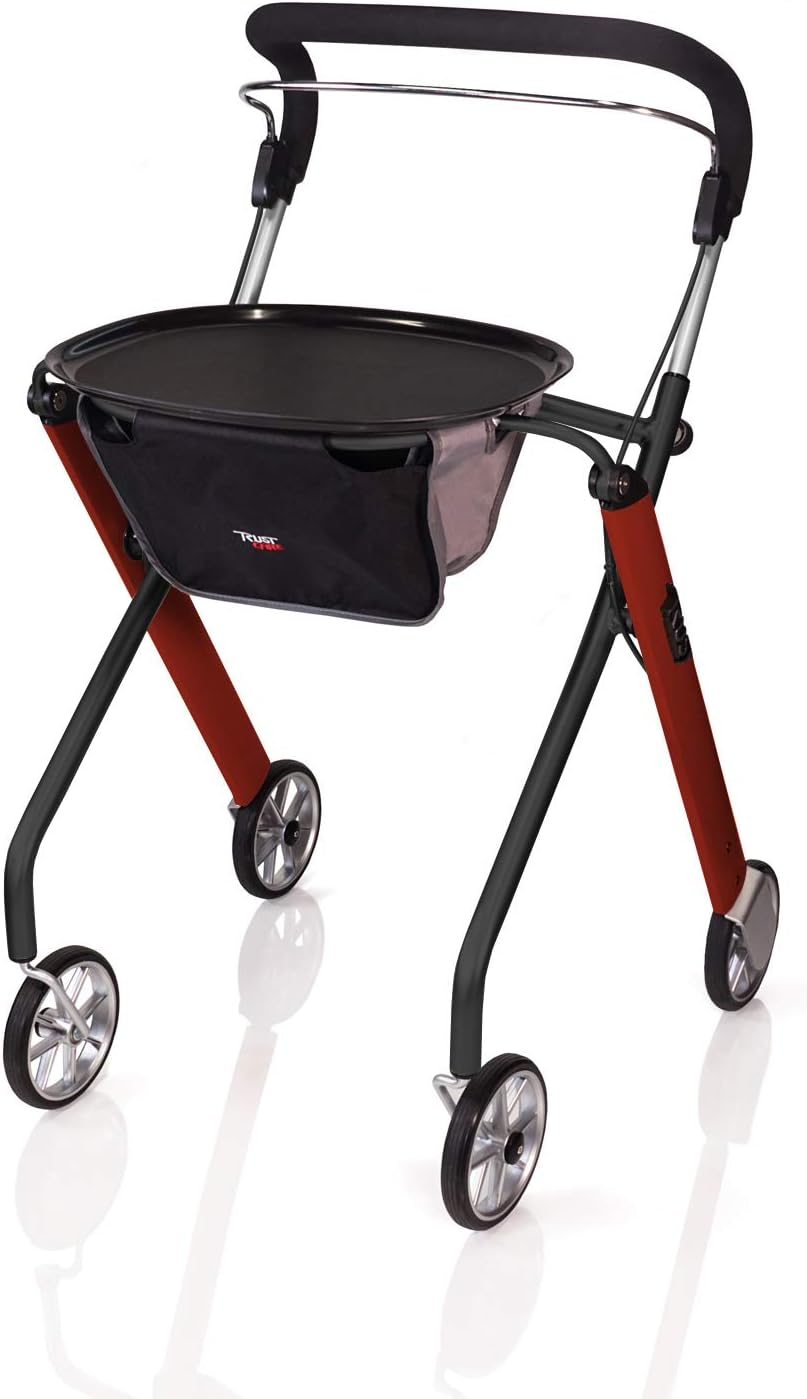 Stander Let’s Go Indoor Rollator, Lightweight Four Wheel Euro Style Walker with Tray, Folding Mobility Aid for Seniors by Trust Care, Beech