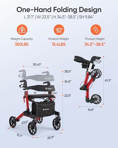 Rollator Walker with Seat, Foldable Rolling Walker with Durable Aluminum, Height Adjustable, 8" Big Wheels for All Terrain, Ergonomic Seat and Backrest,Lightweight Walkers for Seniors Adult (Red)