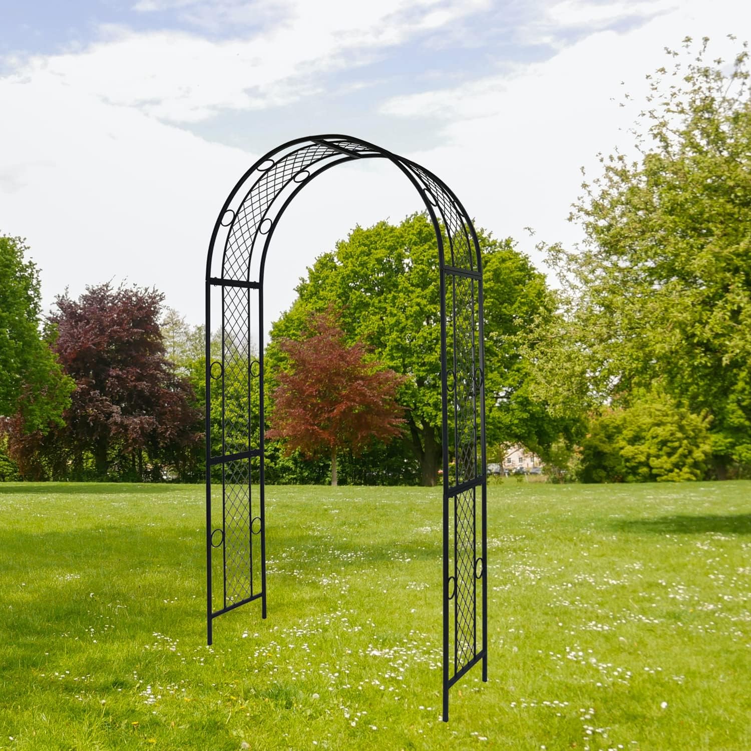 Metal Iron Garden Arch Arbour Trellis Geometric Beauty Minimalist for Climbing Plants Outdoor Garden Backyard Patio Wedding Birthday Party Decoration, Black 47'' Wx87.5“H