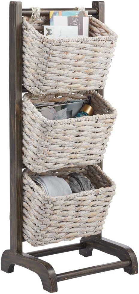 mDesign 3 Tier Vertical Standing Storage Basket Stand, Decorative Wood Storage Organizer Tower Rack with 3 Basket Bins - White/Natural/Tan