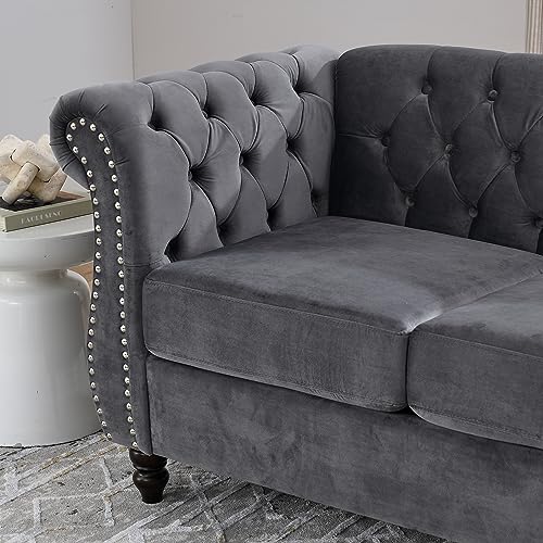 80" Grey Velvet Chesterfield Sofa for Living Room,2 Pcs 3 Seater Sofa Button Tufted Nailhead Trimming Curved Backrest Rolled Arms with Silver Metal Legs with 4 Pillows