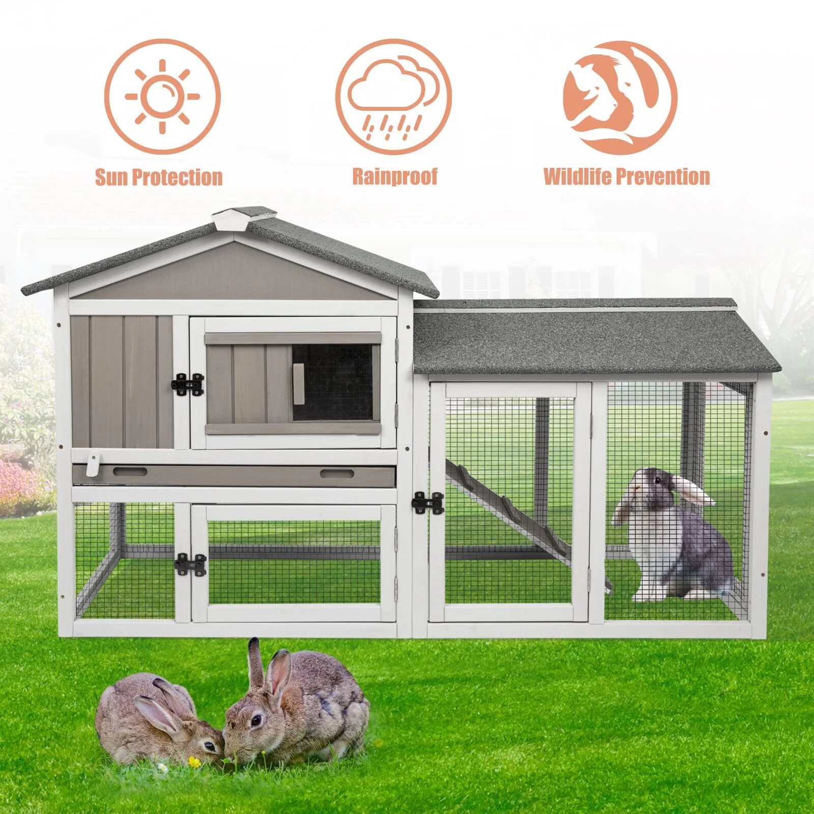PETSCOSSET Rabbit Hutch Indoor Outdoor 66.9" L Bunny Hutch with Pull Out Tray,2 Story Wooden Rabbit Cage with Asphalt Roof,Guinea Pig Cage with Ventilation Doors,Ramp for Small Animals,Gray - Curated Treasures Market