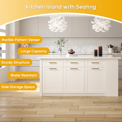 homary 72'' Kitchen Islands with Storage Modern White Kitchen Table with Seating & 3 Drawers Dining Table