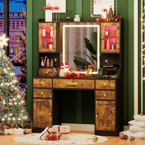 White Makeup Vanity Desk with Mirror and Lights, Large Vanity Table Set with Charging Station, Dressing Table with RGB Cabinets, Makeup Vanity Mirror with Lights Desk and Drawers, 3 LED Lights Modes