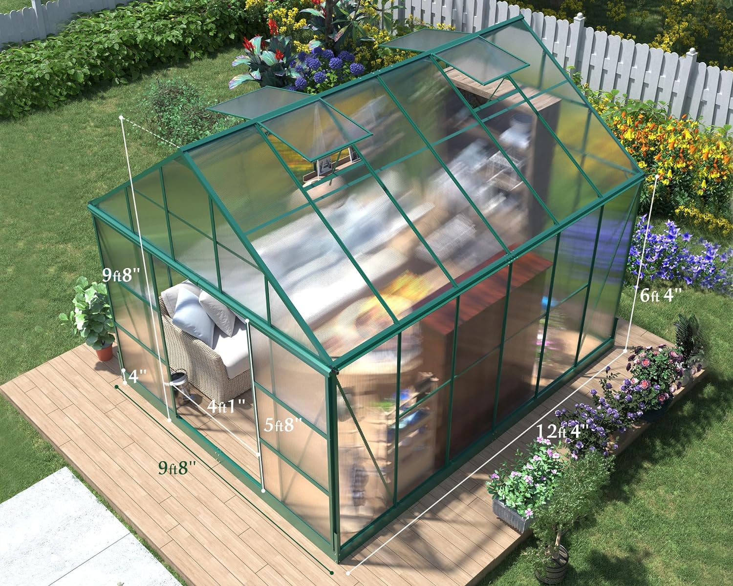 Papajet 12x10x10 ft Polycarbonate Greenhouse with 2 Sliding Doors 4 Vents Window Large Greenhouse, Green