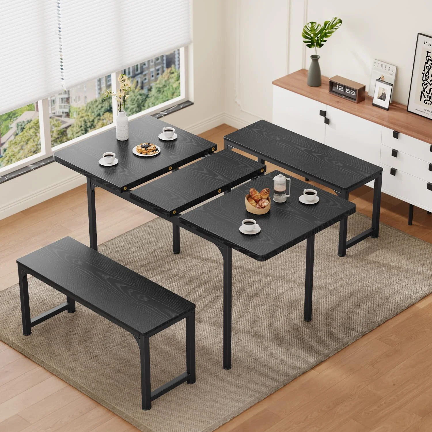Dining Table Set For 4 To 6, Extendable Kitchen Table Set With 2 Benches, Ideal For Small Spaces And Apartment Dining Gatherings, Black