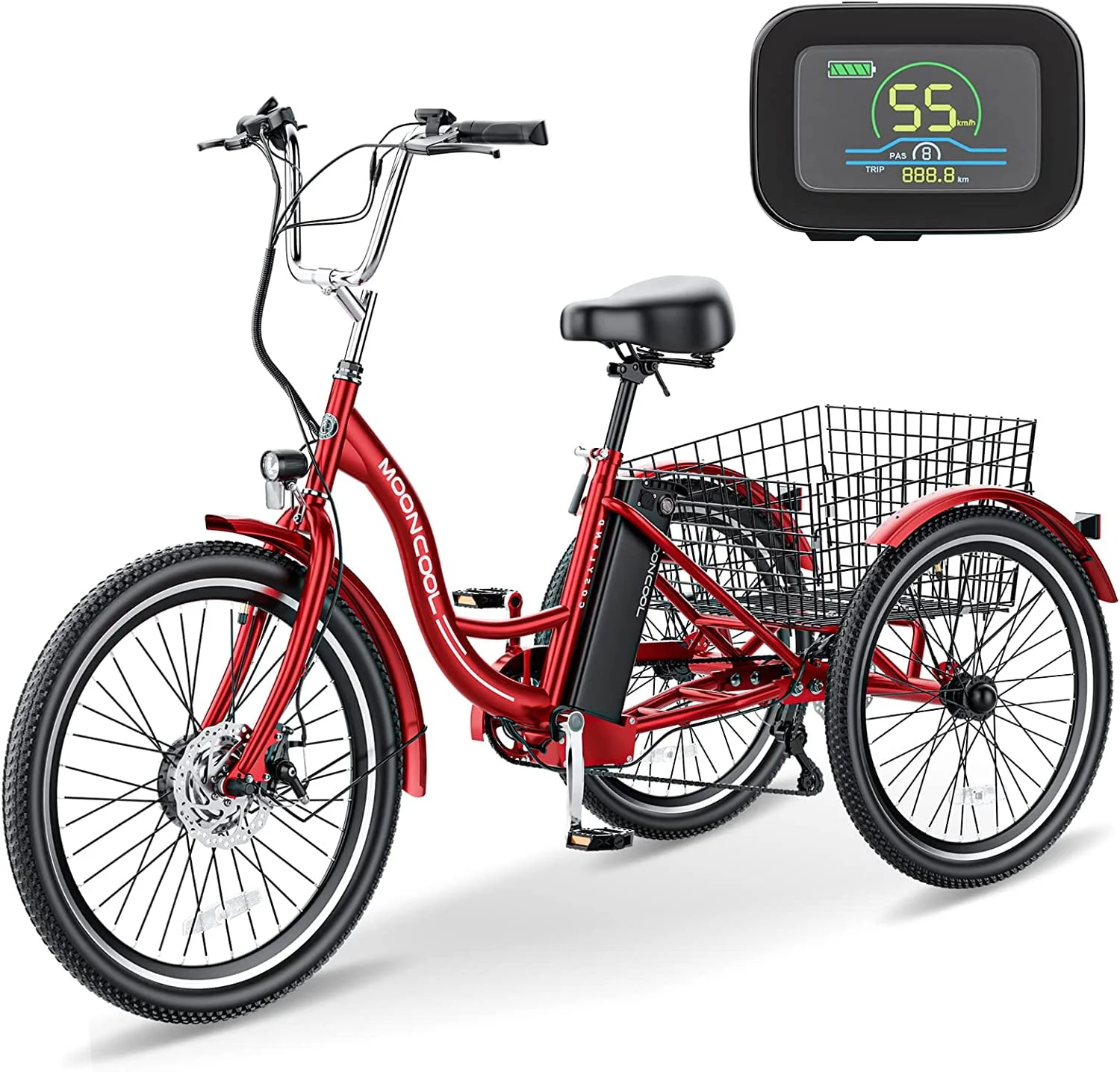 MOONCOOL 24/26 Electric Tricycle for Adults, 350W 36V 7 Speeds Electric Trike Motorized Three Wheel Electric Bikes Bicycle with Large Basket for Women Men