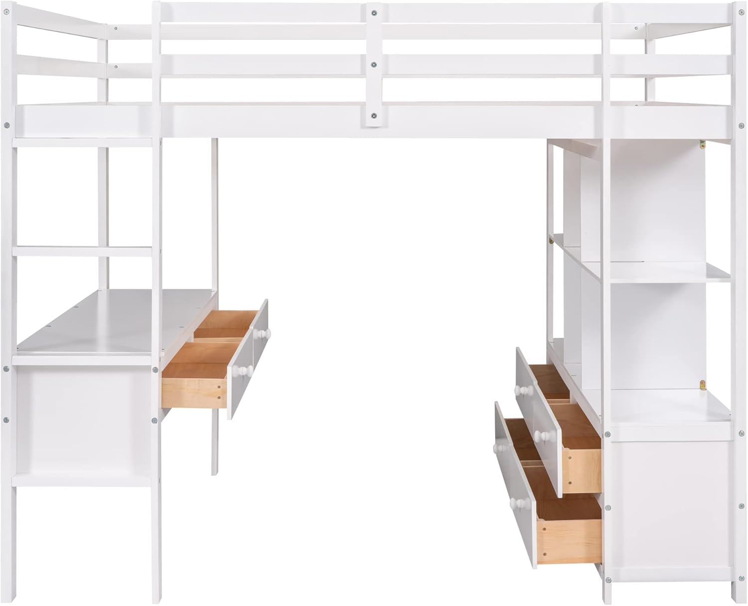 Full Size Loft Bed with Built-in Desk, 2 Drawers and Storage Shelves, Wooden FullLoft Bed Frame with Guardrails for Kids Teens Adults, White