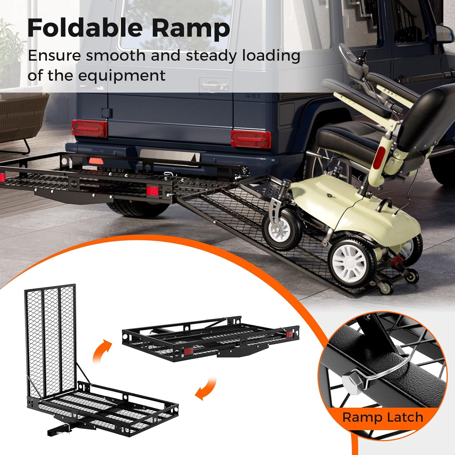 Mobility Scooter Carrier, 500 LBS Capacity Wheelchair Carrier Hitch Mount with Foldable Ramp, Stabilizer & Straps, Heavy-Duty Hitch Carrier for Mobility Scooter, Lawn Mower & Snow Blower
