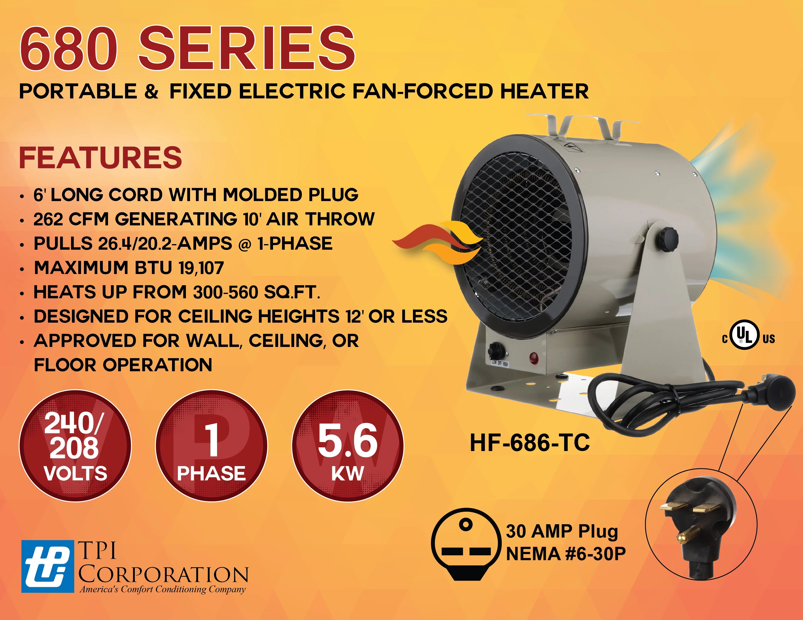 TPI Corporation HF686TC 5600W Portable Fan Forced Air Heating Portable Heater