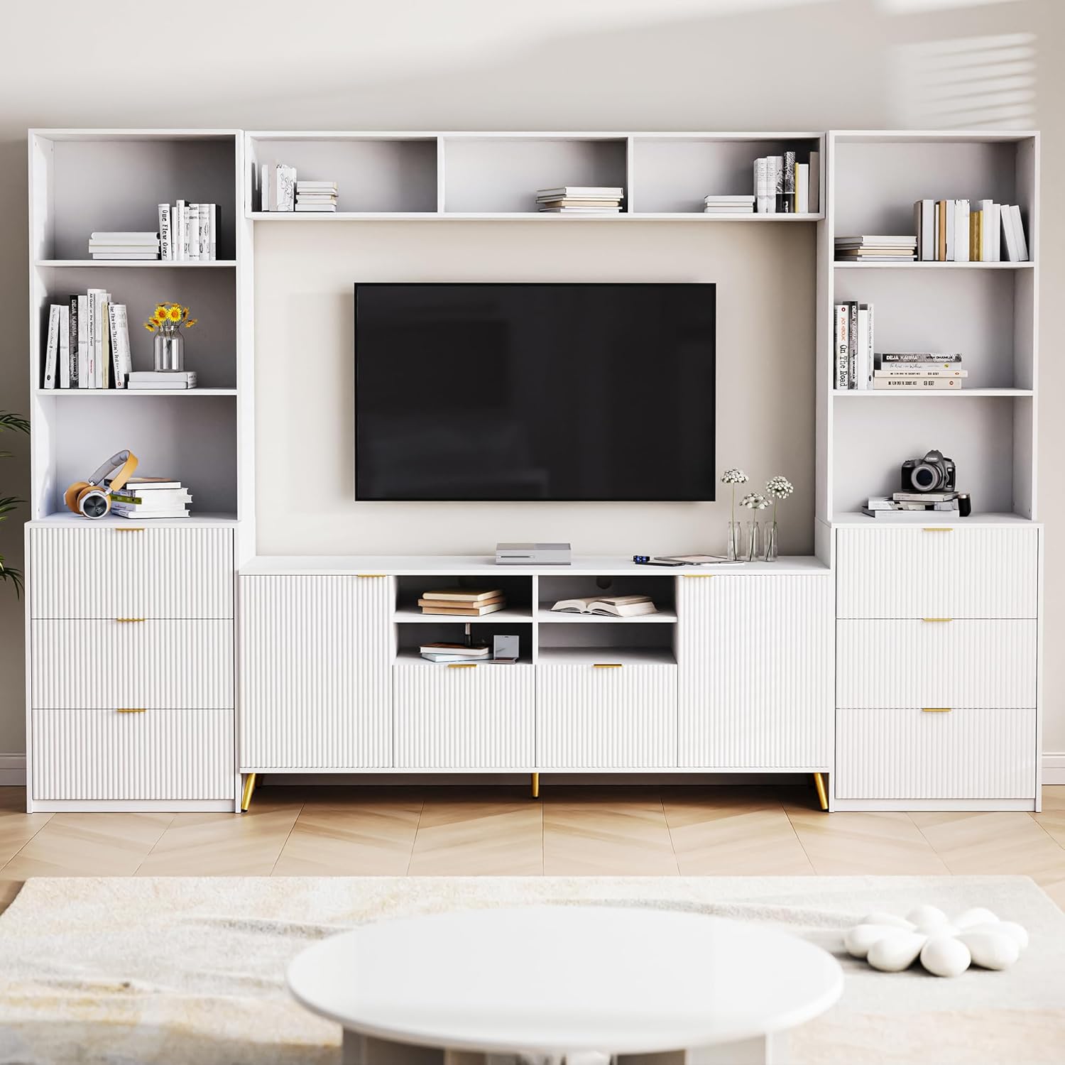 Entertainment Center with Bookshelves, Wall Unit Entertainment Center with 8 Drawers 2 Cabinets and 13 Shelves, Living Room TV Wall Units for TVs Up to 70"