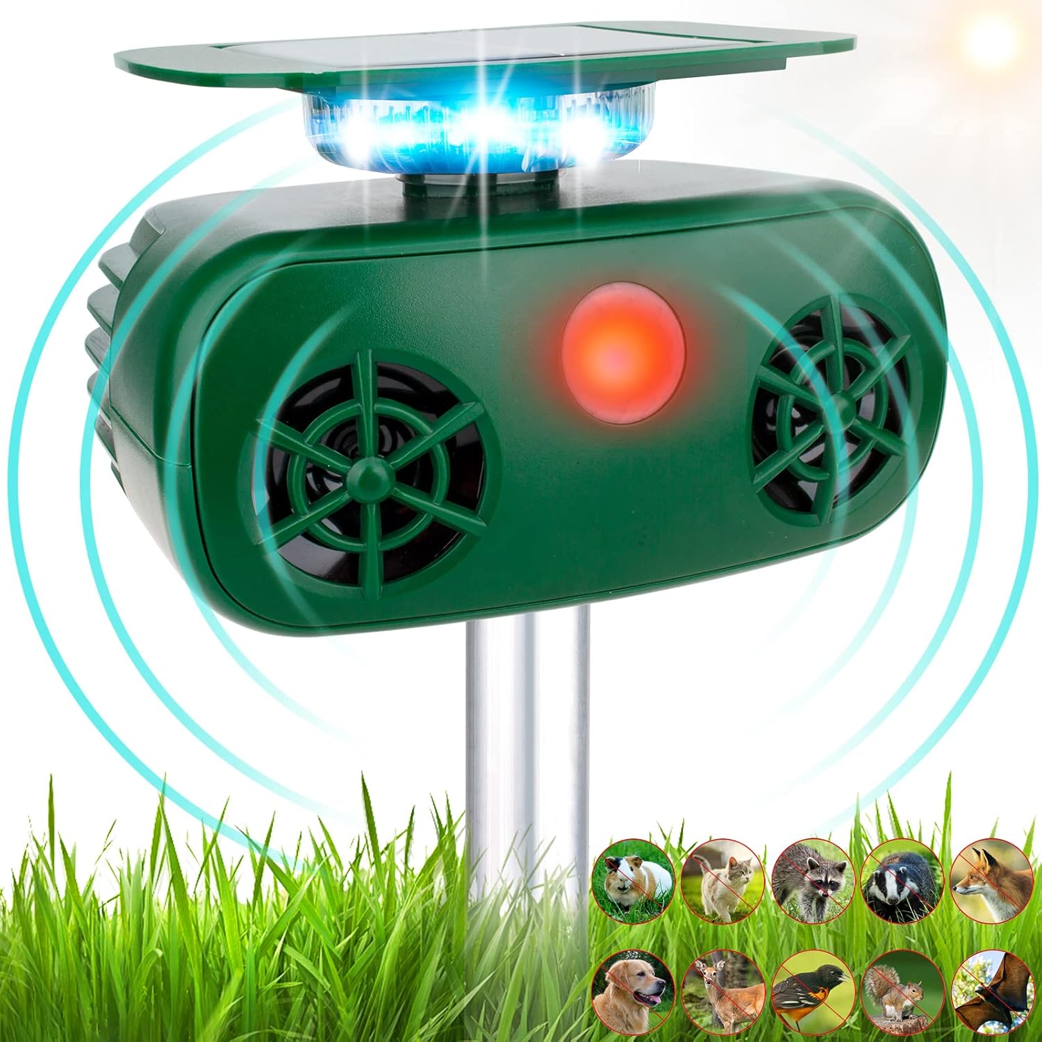 Heyouou Ultrasonic Solar Powered Animal Repeller,Animal Deterrent Solar Dog Chaser, Pest Animal Repellent Waterproof Outdoor Animal Repeller Protect Farm Garden Yard Repellent for Dog,Cat,Bird&More