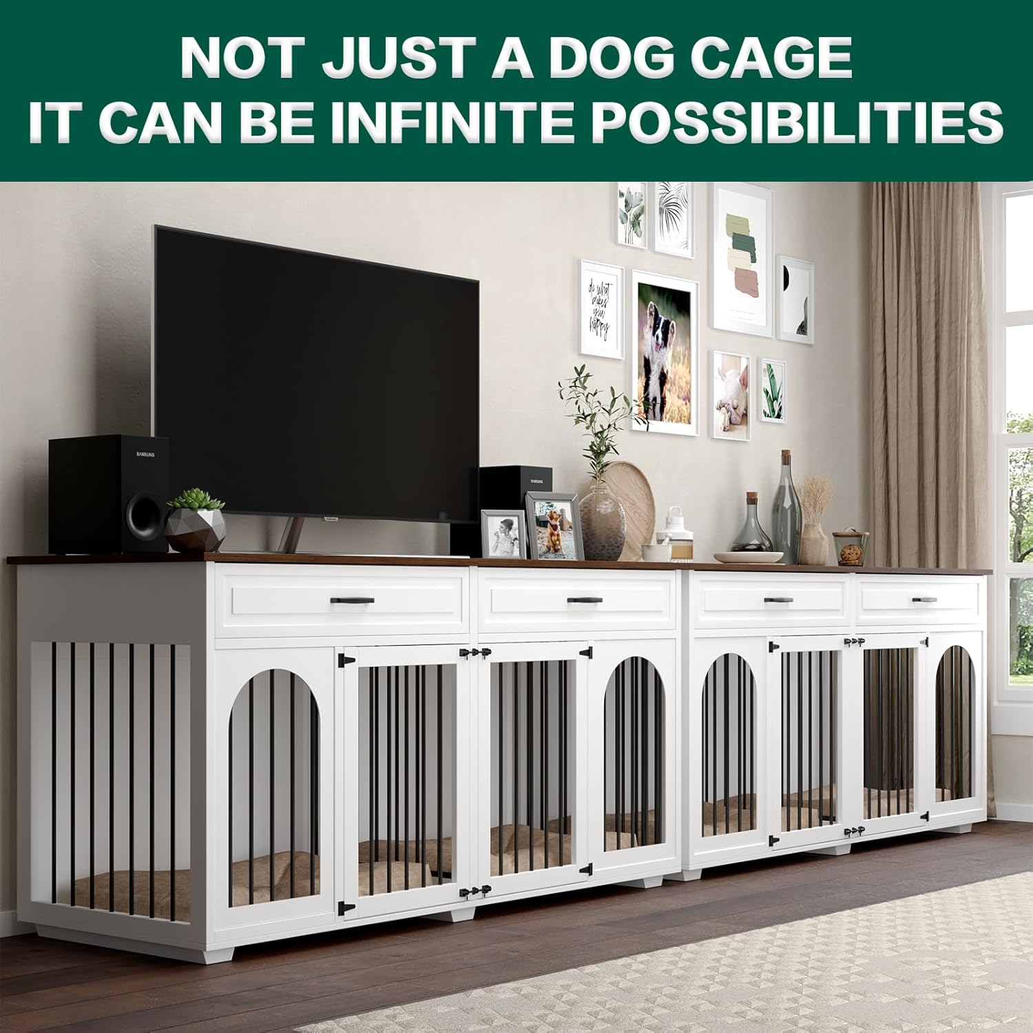 Double Dog Crate Furniture,74.8 Inch Dog Crate Kennel Furniture for 2 Large Breed Dogs,Heavy Duty Wooden Dog Crate with Divider&2 Drawers,White
