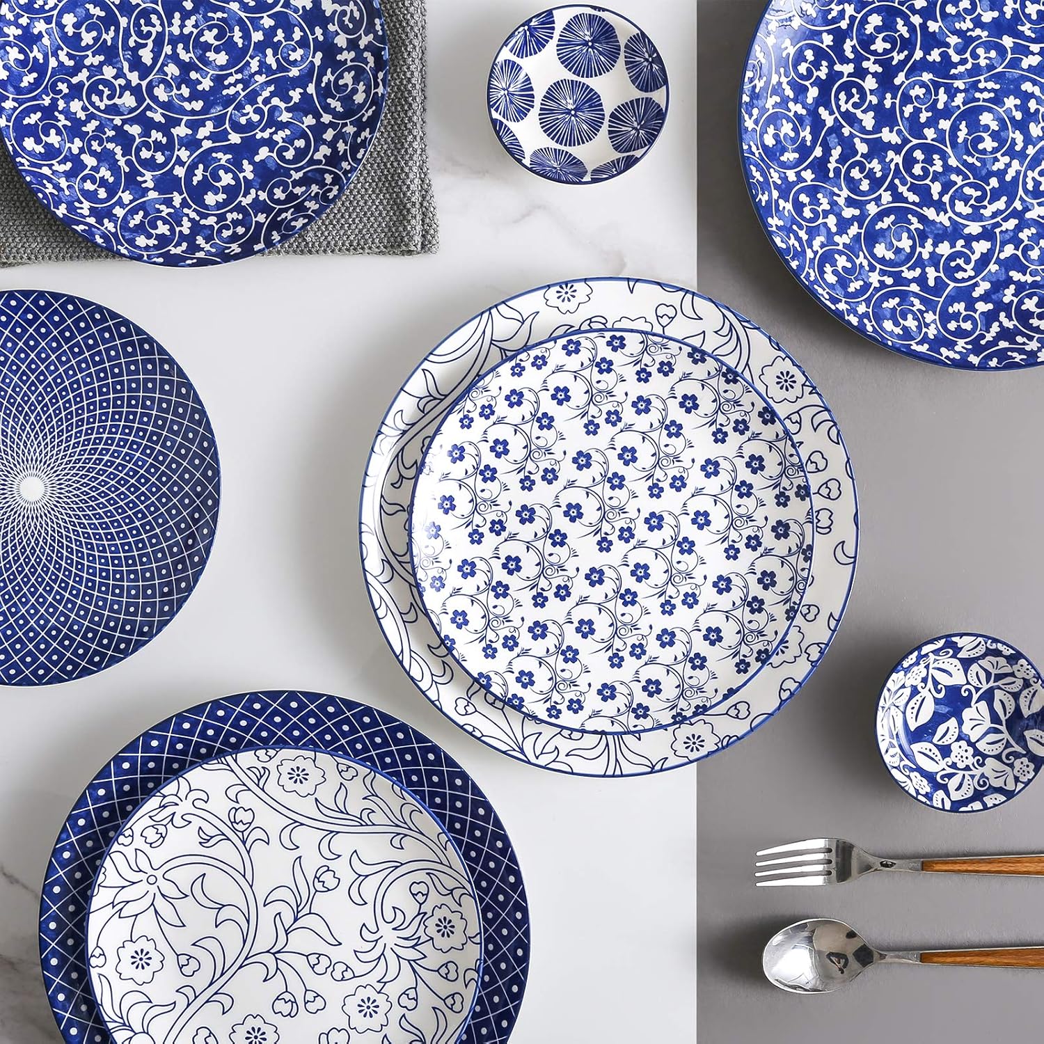 Selamica 10 inch Porcelain Dinner Plates + 16-Pieces Dinnerware Set, (Vintage Blue) B