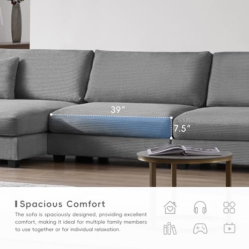 Oversized Corduroy Sectional Sofa, L Shaped Cloud Couch with USB Charging Port,Cup Holder,Deep Seat Sofa Bed with 50" Chaise, Comfy Indoor Furniture for Living Room Apartment (Beige)