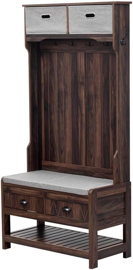 68.9" H Hall Tree with 6 Hooks and Hinged Lid, Coat Hanger, Entryway Bench, Storage Bench, 3-in-1 Design, 69INCH, for Entrance, Hallway,Brown