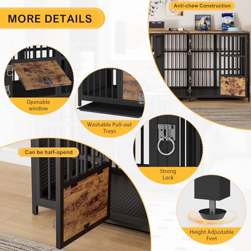 BOINN Large Dog Crate Furniture, 63 inch Heavy Duty Double Dog Crate with Divider, Extra Large Dog Kennel Furniture with Removable Trays for Medium Large Dogs