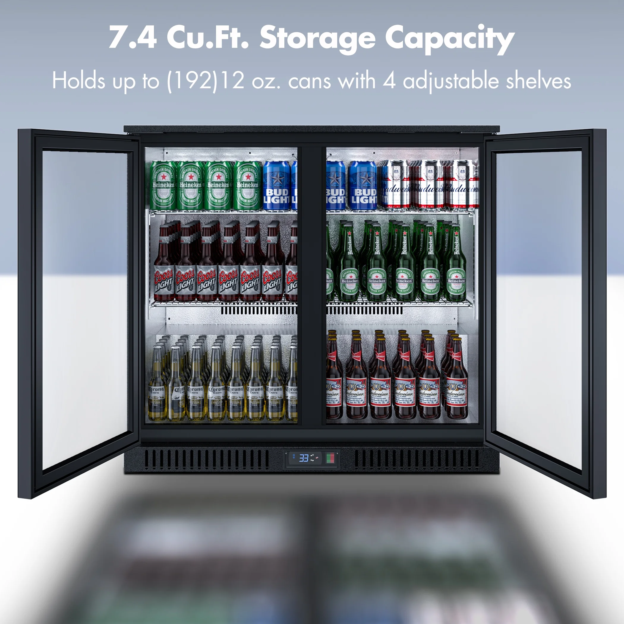 Coolski Back Bar Cooler Commercial Undercounter Refrigerator with 2 Glass Door, Bar Beverage Refrigerator for Beer Soda Wine 7.0 Cu.Ft. Capacity LED Lighting ETL NSF Approved, Black