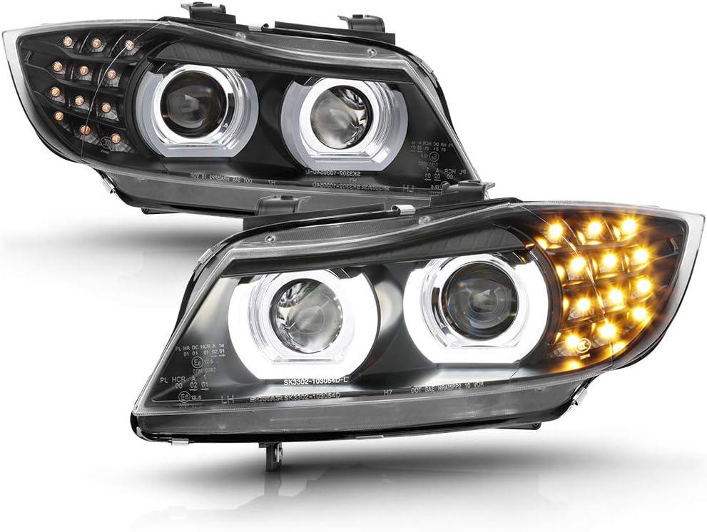 ACANII - For [Halogen Model Only] 2009-2011 BMW E90/E91 328i 335i Sedan Black Housing LED 3D Halo Projector Headlights