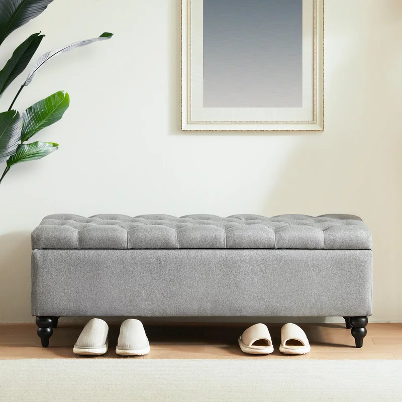 Storage Ottoman Bench, 50.2 Inches Upholstered Fabric Storage Ottoman Bench, Button Tufted Ottoman with Large Storage, End of Bed Bench, for Living Room, Entryway, Bedroom (Grey)