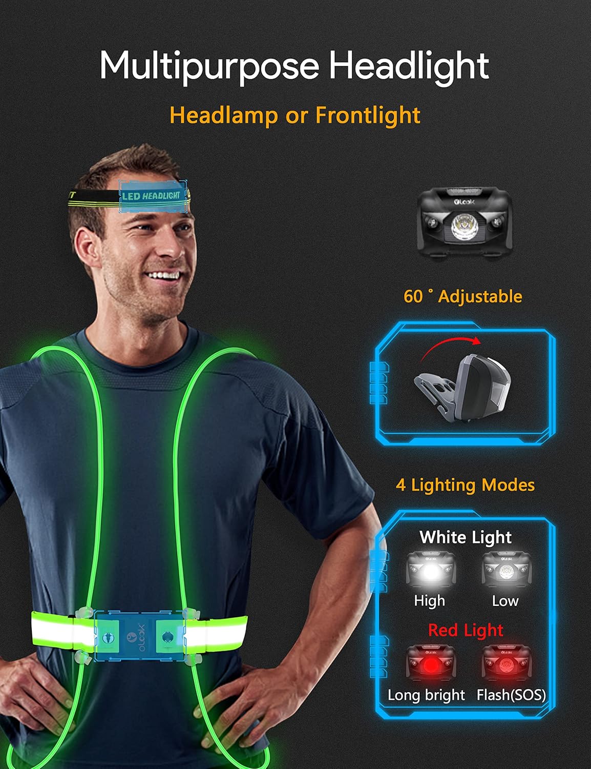 High Visibility LED Light Up Vest with Running Light, 360° Reflective Safety Gear for Night Running, Cycling, Joggers, Rechargeable and Waterproof, L-Green(Patent Pending)