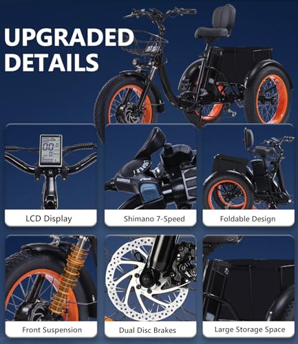 Electric Tricycle for Adults, Peak 750W/500W, Electric Trike, 20"x4.0" Folding Fat Tire 3 Wheel Electric Trike, Max 20MPH,with Large Basket and 48V 15/13 Ah Removable Battery