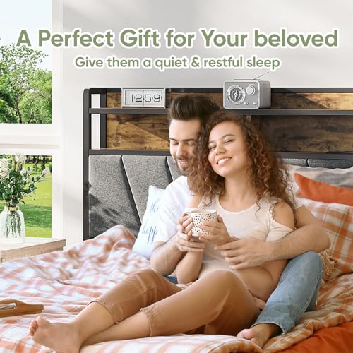 Full Bed Frames, Metal Bed Frames with Charging Station, LED Lights Bed Frames with Upholstered Storage Headboard, Sturdy and Noise-free, Storage Space under Bed, No Box Spring Needed, Brown